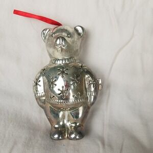 Reed & Barton Teddy‎ Bear Ornament Trinket Box Silver Snowflake Sweater Vintage